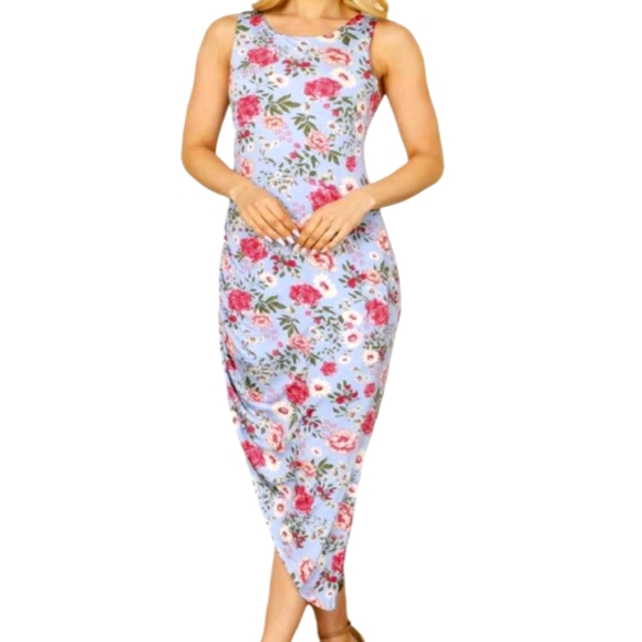 BEESON RIVER • PINKBLUSH Blue Floral Ruched Asymmetrical Maternity  Midi Dress - Picture 5 of 14